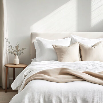 Bright white home bedroom interior, clean fresh white bed linen and pillows on bed, cozy morning room decor