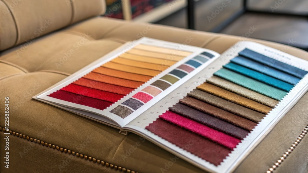 Aufkleber A closeup of a fabric swatch book spread open next to a stylish ottoman revealing a selection of rich colors and textures intended for a lounge makeover.