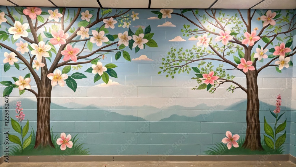 Poster a closeup of a freshly painted wall featuring an inspiring mural of nature scenes with blooming flow