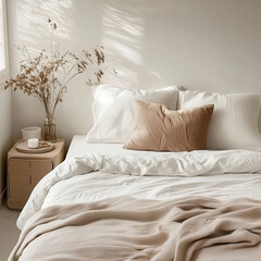 Bright white home bedroom interior, clean fresh white bed linen and pillows on bed, cozy morning room decor