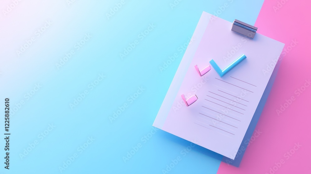 Poster 3d minimal business documents note paper with checkmark or tick mark icon. 3d render