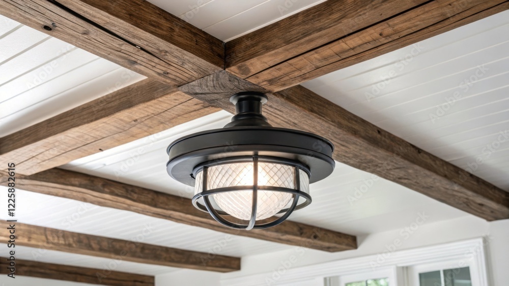 Poster A closeup of a light fixture being installed on a freshly painted ceiling showcasing the contrast between modern design and rustic architecture.