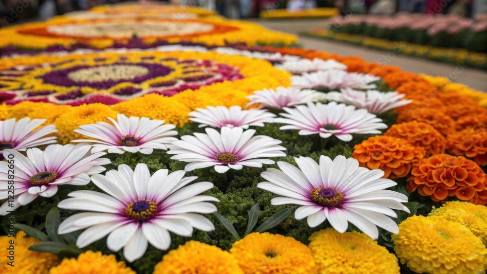 Poster a closeup of a meticulously arranged flower bed showcasing a variety of colorful blooms like daisies