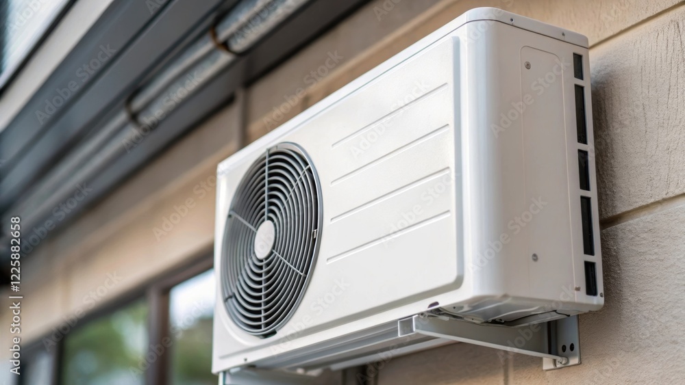 Poster a closeup of a modern heat pump being mounted on the wall showcasing its sleek design and compact si