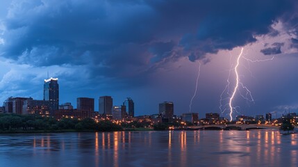 Naklejka premium Dramatic Lightning Storm Over City Skyline