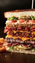 outrageous close-up of an impossibly tall sandwich with countless layers stacked to excess, creating a visually jaw-dropping spectacle