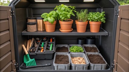 A closeup of a smartly organized potting station within the shed showcasing a mix of soil fertilizer and potted herbs ready for use.