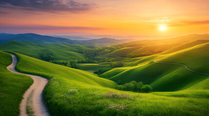 Fototapeta premium Tranquil Sunset Over Rolling Hills: A Journey on Winding Paths Through Lush Fields and Wildflower Patches Under a Vibrant Sky