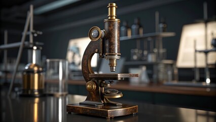 A closeup of a vintage science tool like a microscope highlighted against a backdrop of sleek modern equipment symbolizing the evolution of scientific ods.