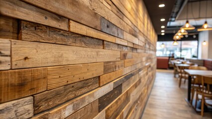 A closeup of a wall made from reclaimed wood featuring a rustic finish that enhances the warmth and sustainability of the cafeteria environment.