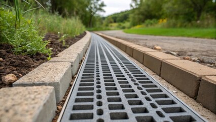 Obraz premium A closeup of a water drainage feature designed to manage storm runoff along the trail demonstrating sustainable design principles embedded in the renovation.
