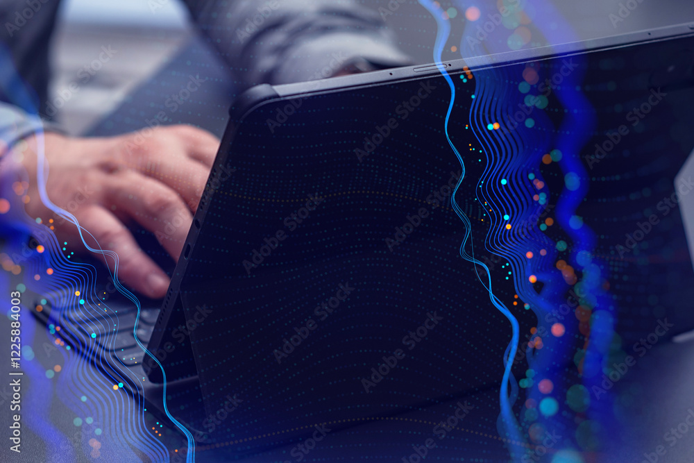 Aufkleber person interacting with a tablet device with abstract network effects, symbolizing modern technology