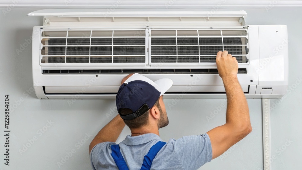 Poster a closeup of a worker adjusting a large air conditioning unit mounted on the wall with sweat glisten
