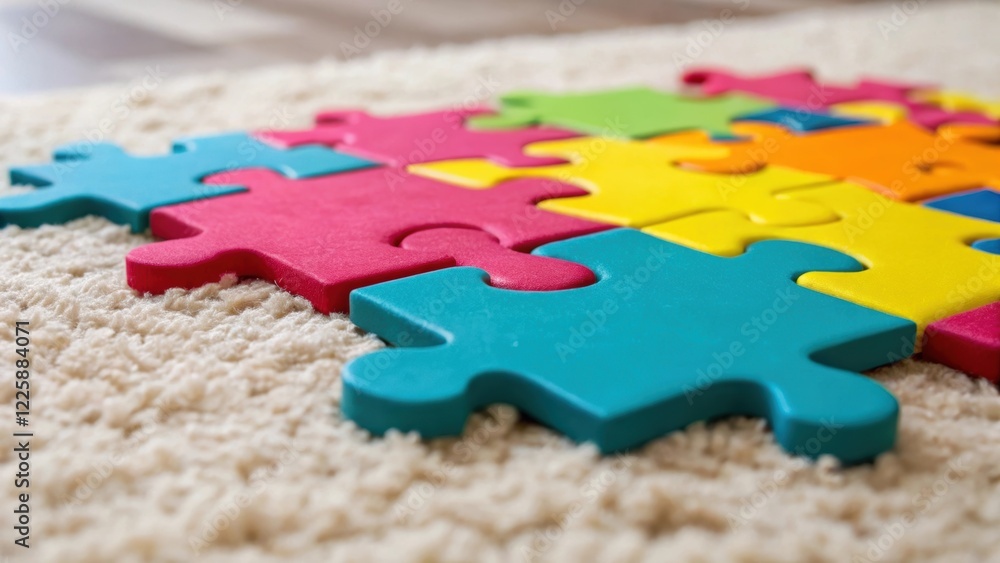 Poster a closeup of brightly colored puzzles tered on a plush carpet focusing on the unique shapes and vivi