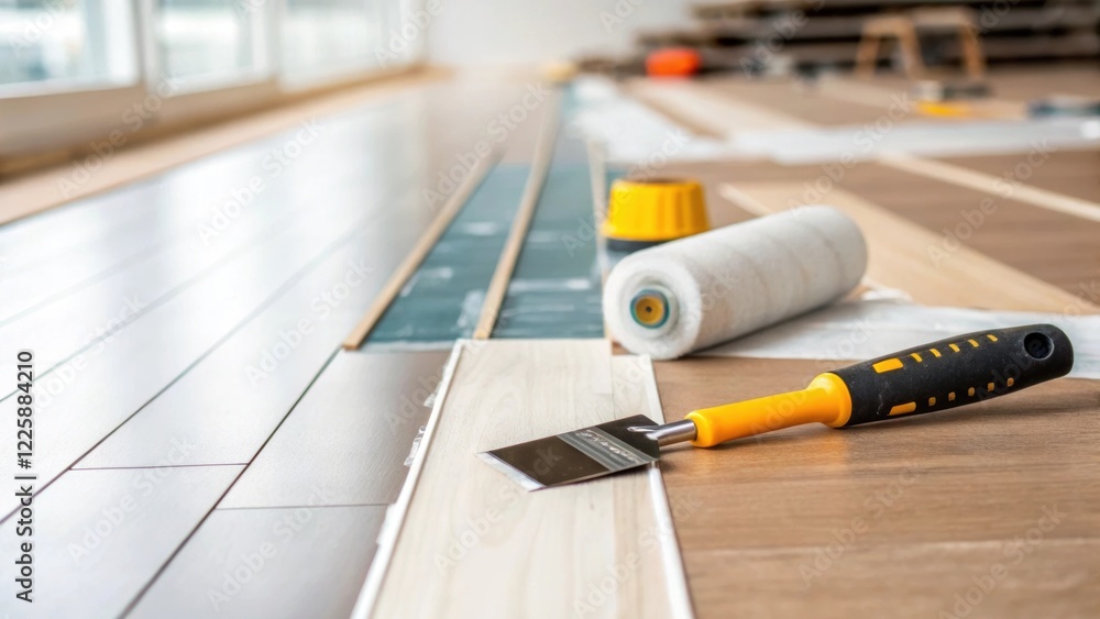 Poster a closeup of construction tools like a roller and adhesive spreader positioned on the edge of the ne