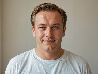 Obraz premium Retrato de un hombre de piel blanca con cabello corto de pie en el interior de una habitación vistiendo una camiseta blanca casual 