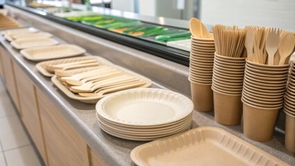 A closeup of ecofriendly disposable utensils and compostable plates arranged neatly on a counter emphasizing the cafeterias commitment to sustainability.