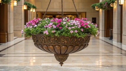 A closeup of delicate flowers blooming in an intricately designed hanging planter creating a pop of color above the smooth stone floor of the atrium.