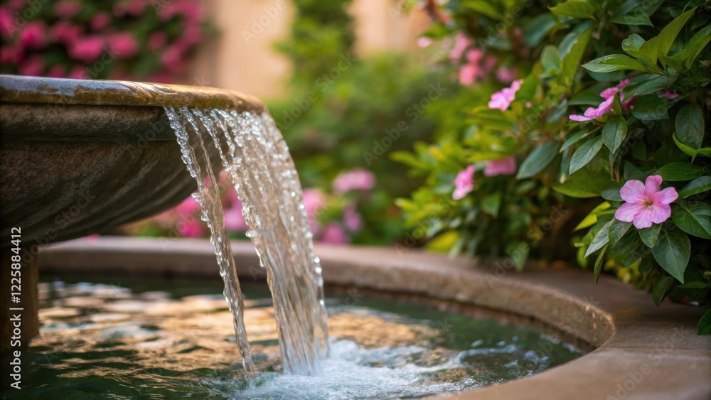 Poster a closeup of flowing water cascading from a fountain spout creating a serene atmosphere amidst surro