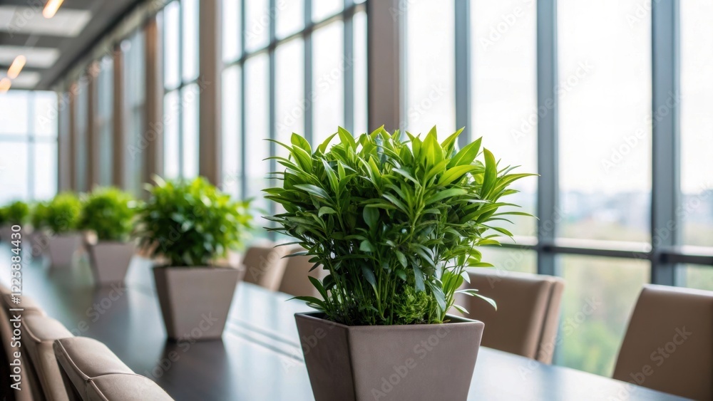 Poster A closeup of fresh potted plants beside large windows allowing natural light to filter through while adding a touch of greenery to the conference room environment.