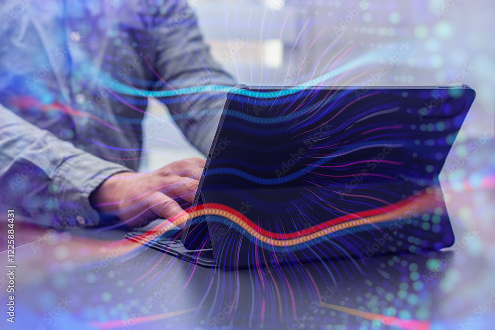 Poster person interacting with a tablet device with abstract network effects, symbolizing modern technology