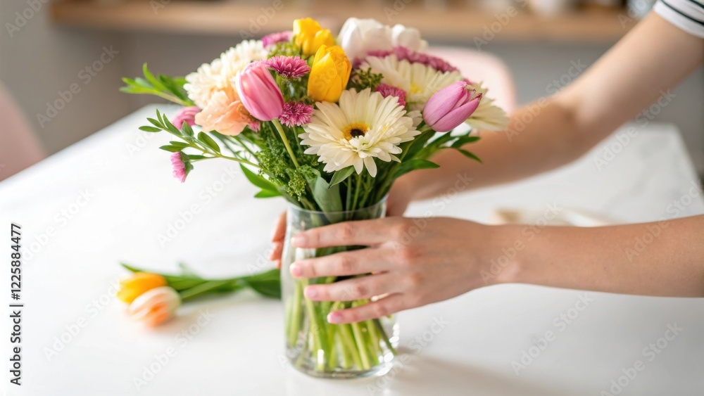 Aufkleber A closeup of hands arranging freshly flowers in a vase on a communal table adding a touch of nature to the updated environment.