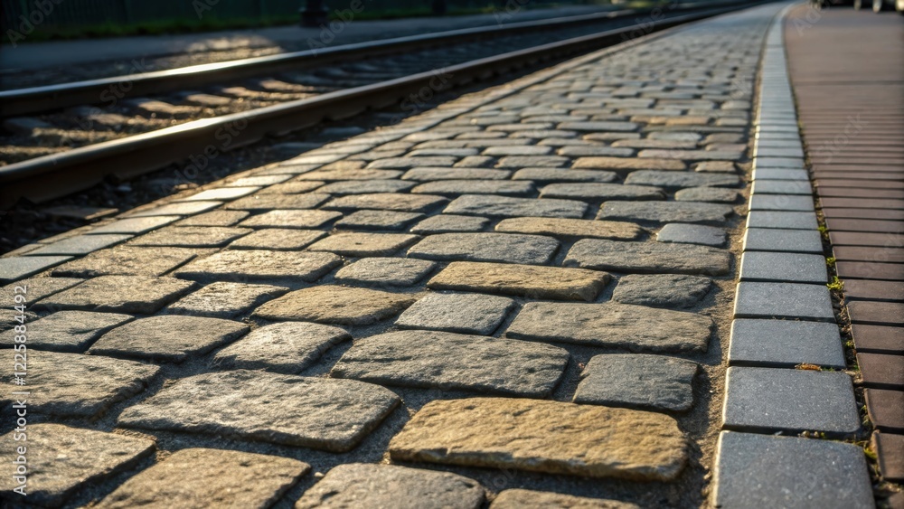 Poster a closeup of freshly laid cobblestones on the station platform showcasing the mix of old and new mat