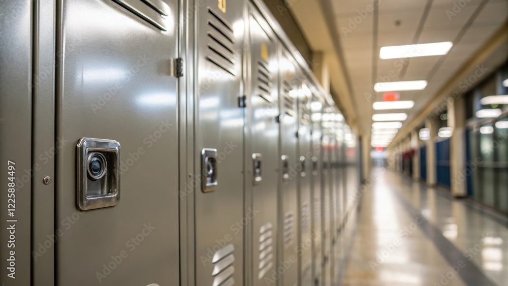 Poster a closeup of gleaming new metal lockers with clean lines and modern features reflecting overhead lig
