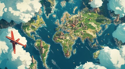 Travel  around the world map with flying airplanes flights isometric illustration cartoon