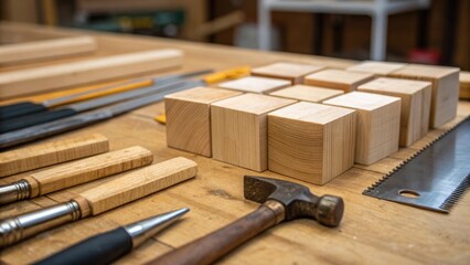 A closeup of freshly wooden blocks and tools like saws and hammers portraying the handson aspect of woodworking classes within the center.