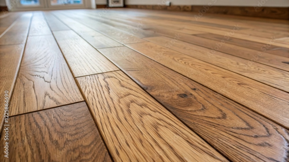 Poster a closeup of new wooden flooring being installed showing the rich grain of the oak planks and the me
