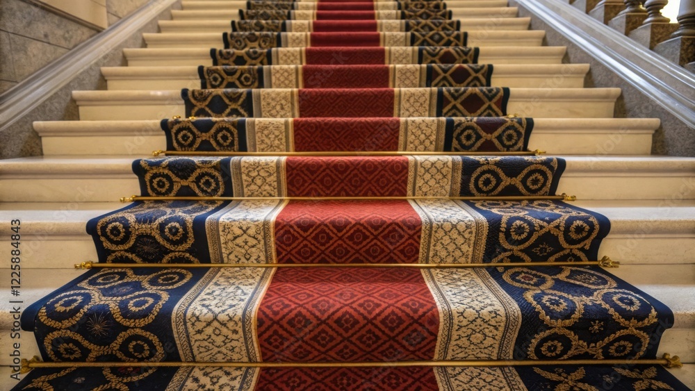 Poster a closeup of richly textured carpet tiles being installed in a grand staircase revealing the combina