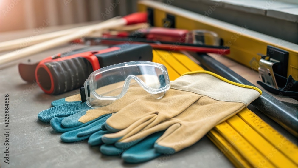Poster a closeup of safety equipment such as gloves and goggles laid out next to the installation area emph