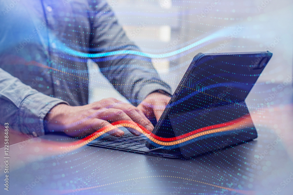 Poster person interacting with a tablet device with abstract network effects, symbolizing modern technology