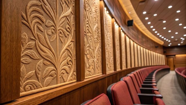 A closeup of richly textured wall finishes that complement the auditoriums aesthetic combining materials like wood and fabric for enhanced acoustical properties.