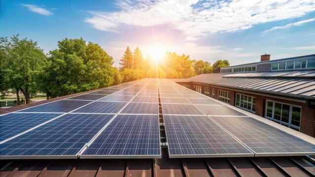 A closeup of solar panels on the cafeteria roof glinting in the sunlight symbolizing renewable energy initiatives supporting school sustainability.