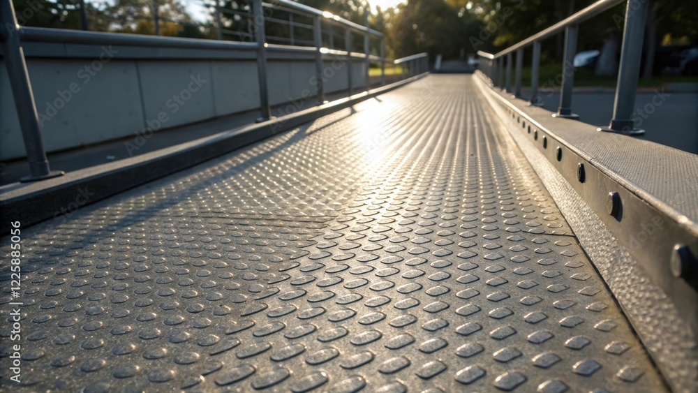 Poster A closeup of textured ramp surface emphasizing the nonslip grip designed for wheelchair users with sunlight reflecting off the smooth edges.