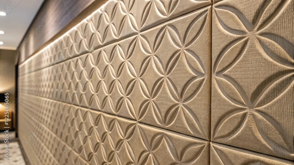 Aufkleber A closeup of textured wall panels being installed focusing on the pattern and depth that adds visual interest to the lounge.