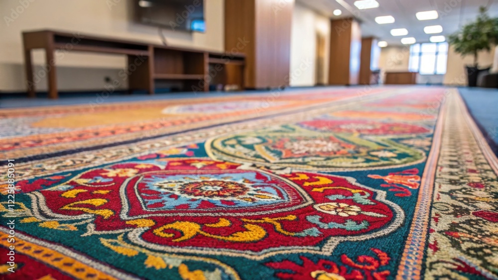 Poster a closeup of the carpets vibrant patterns and colors demonstrating the artistic design that brings l