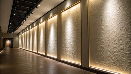 A closeup of textured museum walls designed to reflect light softly creating a harmonious backdrop for illuminated exhibits without overshadowing them.