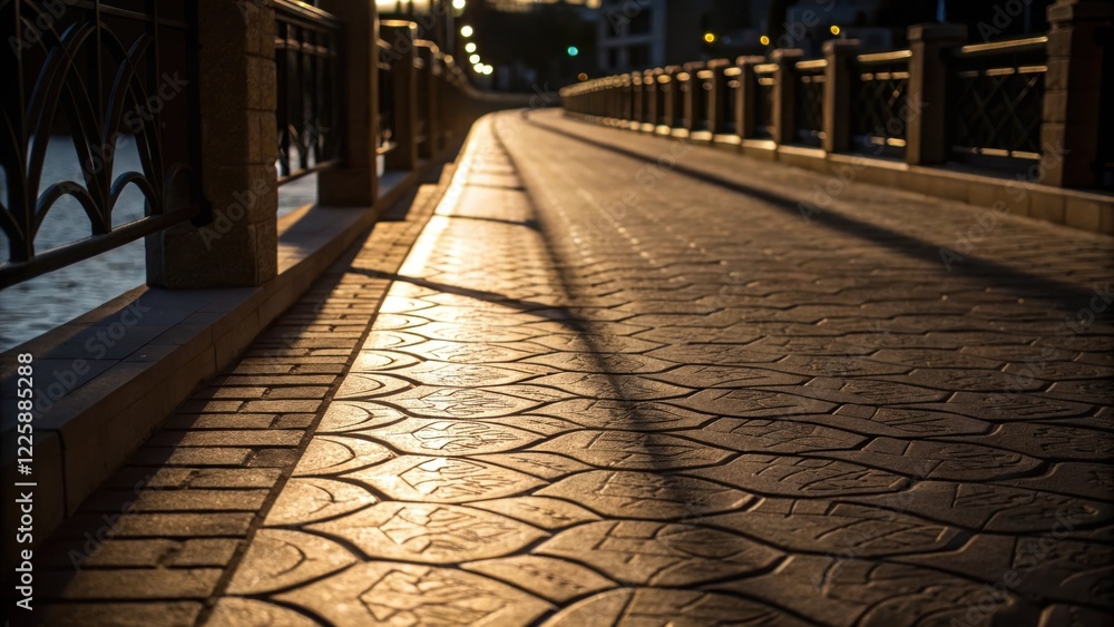 Poster a closeup of the textured surface of a riverwalk pathway with shadows cast by strategically p lighti