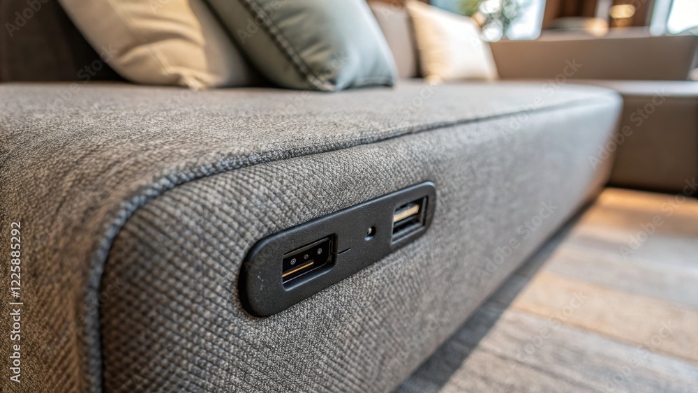 Poster a closeup of the textured surface of a charging port contrasting with the soft fabric of the lounge 