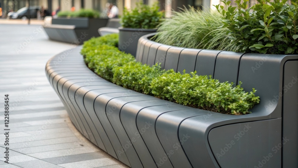 Poster a closeup on a durable curved seating design that incorporates builtin planters emphasizing the seam