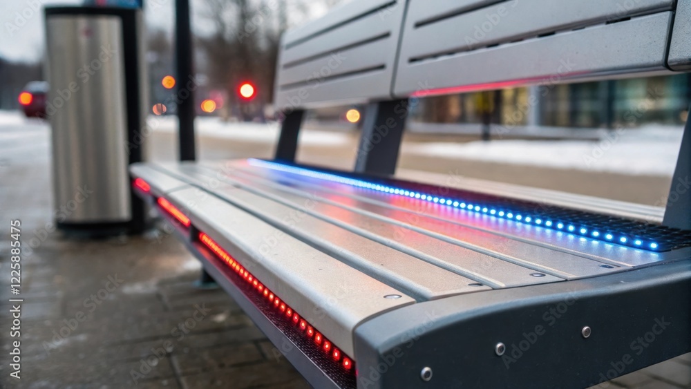 Leinwandbilder A closeup on a bench featuring a smart heat system providing comfort during colder weather alongside an embedded LED ambiance that changes color based on the bus arrival times.