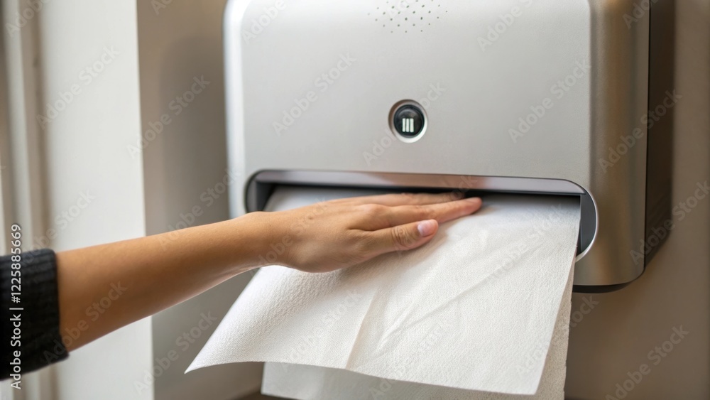 Poster a closeup shot of a touchless paper towel dispenser with a users hand reaching out capturing the mom