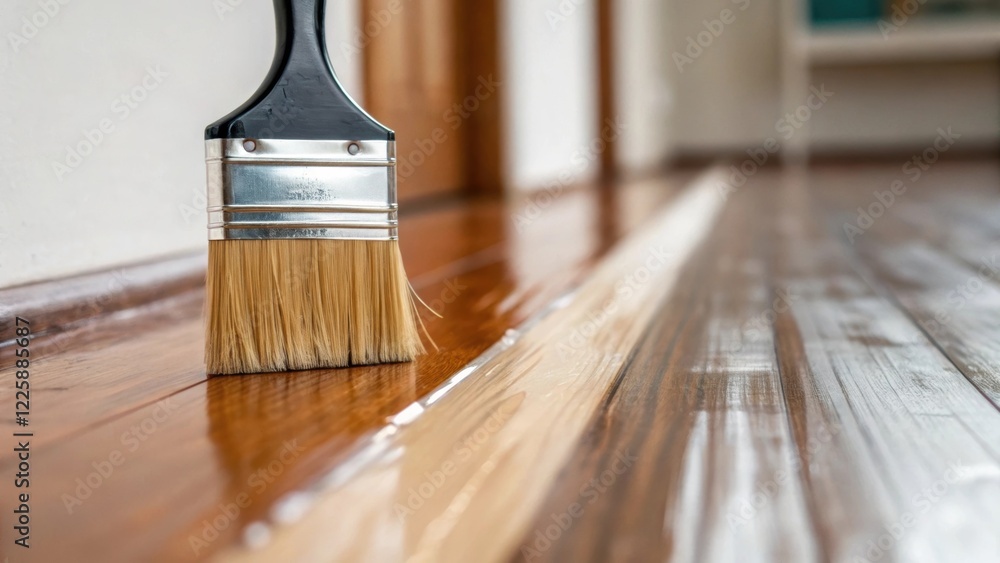 Poster A closeup shot of a paintbrush applying a protective finish to the edges of the newly installed floor emphasizing the detail and care taken in completing the renovation.