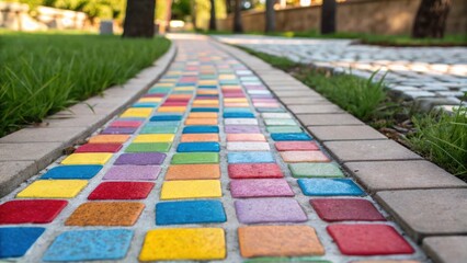 A closeup revealing vibrant mosaic tiles embedded in the pathway offering both visual delight and functional grip for safe movement.