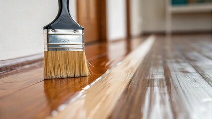 A closeup shot of a paintbrush applying a protective finish to the edges of the newly installed floor emphasizing the detail and care taken in completing the renovation.