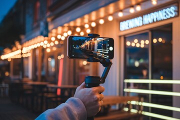  A hand holds a smartphone mounted on a gimbal stabilizer, capturing a vibrant cityscape at night. Bokeh lights create a dynamic background for mobile filmmaking.