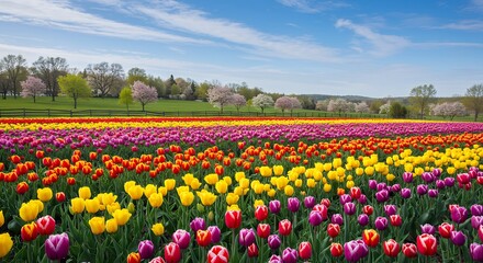 Fototapeta premium Vibrant Tulip Field Landscape Spring Flowers Blooming